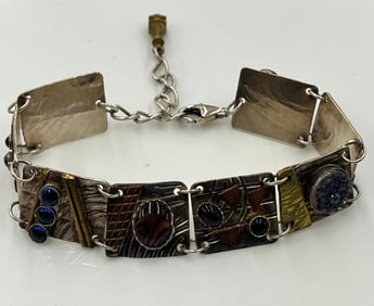 Estate Artisan Handmade Sterling Silver and Cabochon Multi Disk Bracelet