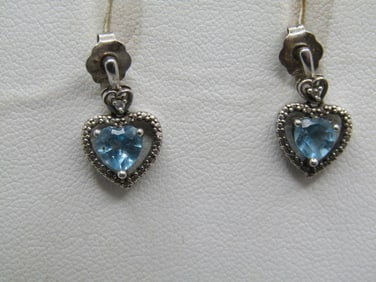 Vintage Sterling Topaz & Diamond Heart Earrings, Pierced