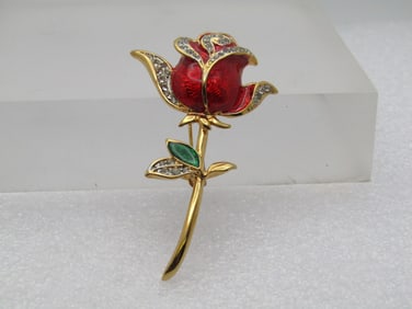 Vintage Enameled Long Stem Rose Brooch, Rhinestones, 1980's-1990's 2.25"