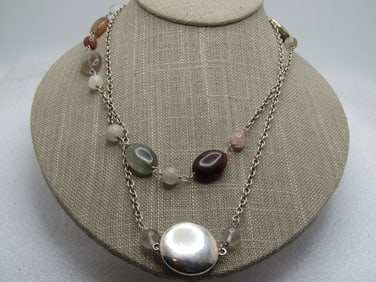 Vintage Sterling & Hardstone 38" Necklace, Toggle Clasp , 1980's-1990's