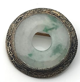 Vintage Lucky Jade and Sterling Silver China Brooch