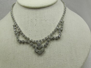 Vintage Clear Rhinestone Bib Necklace 14.5", Weddings/Proms