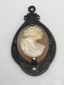 Vintage Carved Shell Cameo and Marcasite Pendant