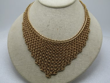 Vintage Mesh Pointed Bib Necklace 16", Gold Tone, 1980's-1990's