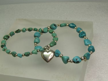 Two Sterling Southwestern Turquoise Bracelet, One Sterling Heart, Stretch, 6.5"/7"