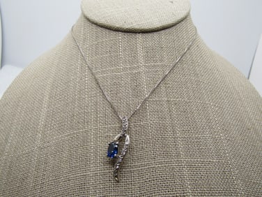 Sterling Blue Sapphire White Topas Wispy Necklace, 18" Signed