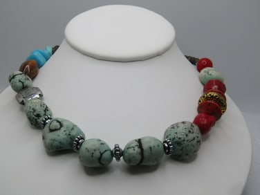 Vintage Faux Turquoise & Coral Necklace, Southwestern, 17-21", 1980's-1990's