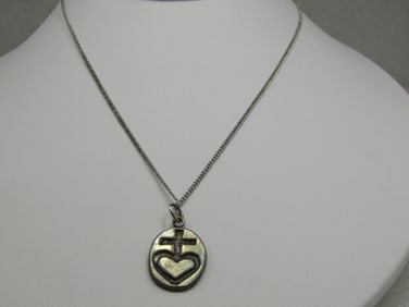 Vintage Sterling Heart Cross Necklace, 16", Signed IUG