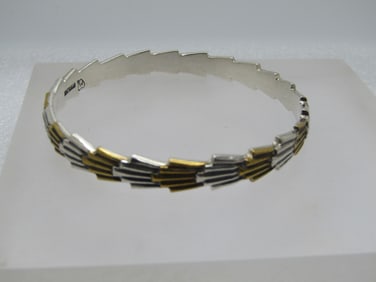 Vintage Sterling Fan Ridged Bangle Bracelet, 7.75", Signed