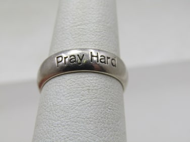 Vintage Sterling Pray Hard Ring, Wedding Band, Sz. 7