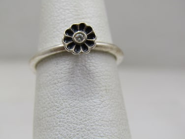 Vintage Sterling Enameled CZ Blossom Ring, Sz. 5.5, Signed