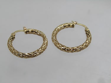 Vintage 10kt Mesh Hoop Earrings, Pierced, Signed RL 1980's-1990's, 3/4"