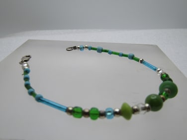 Vintage Sterling Glass Beaded Bracelet, 8", Greens and Blues, 1980's-1990's