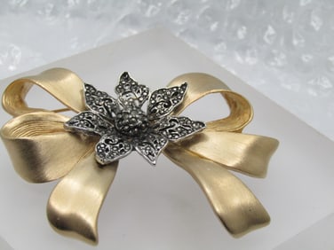 Vintage Two Tone Blossom & Bow Brooch, 1980's-1990's