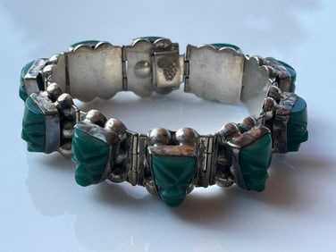 Estate Tribal Green Carved Stone & Sterling Iguala VCC Bracelet