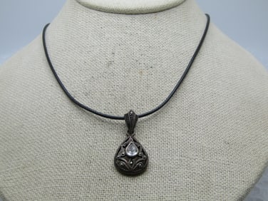 Vintage Sterling Marcasite CZ Necklace, 20" Black Cord