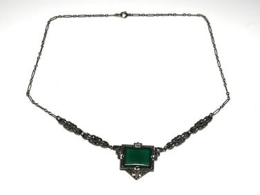 Vintage Art Deco Emerald Green Marcasite Necklace