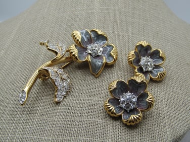Nolan Miller Enameled Rhinestone Floral Brooch & Earrings Set, 1980's-1990's