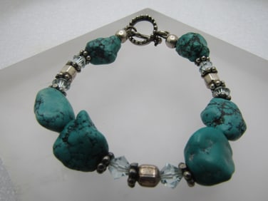 Vintage Sterling Southwestern Turquoise & Crystal Bracelet, 7.75",