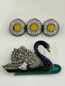 Vintage Sterling and Enamel Daisy and Swan Brooches