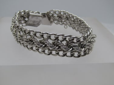 Vintage Sterling Wide Bracelet, Signed, 7.5", 1970's-1980's, Safety Chain