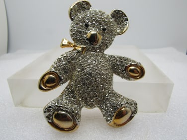 Vintage Large Rhinestone Teddy Bear Brooch, Signed 1980's-1990's