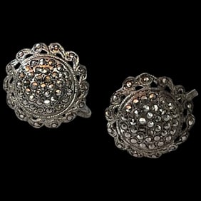 Vintage Sterling Silver Screw Back Non-Pierced Marcasite Flower Cluster Earrings