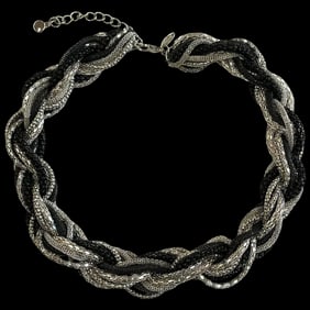 Estate Tasha Silver, Black, and Gray Metal Braided Chain Necklace