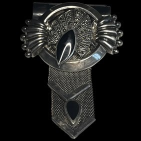 Vintage Sterling Silver Marcasite and Onyx Chain Brooch