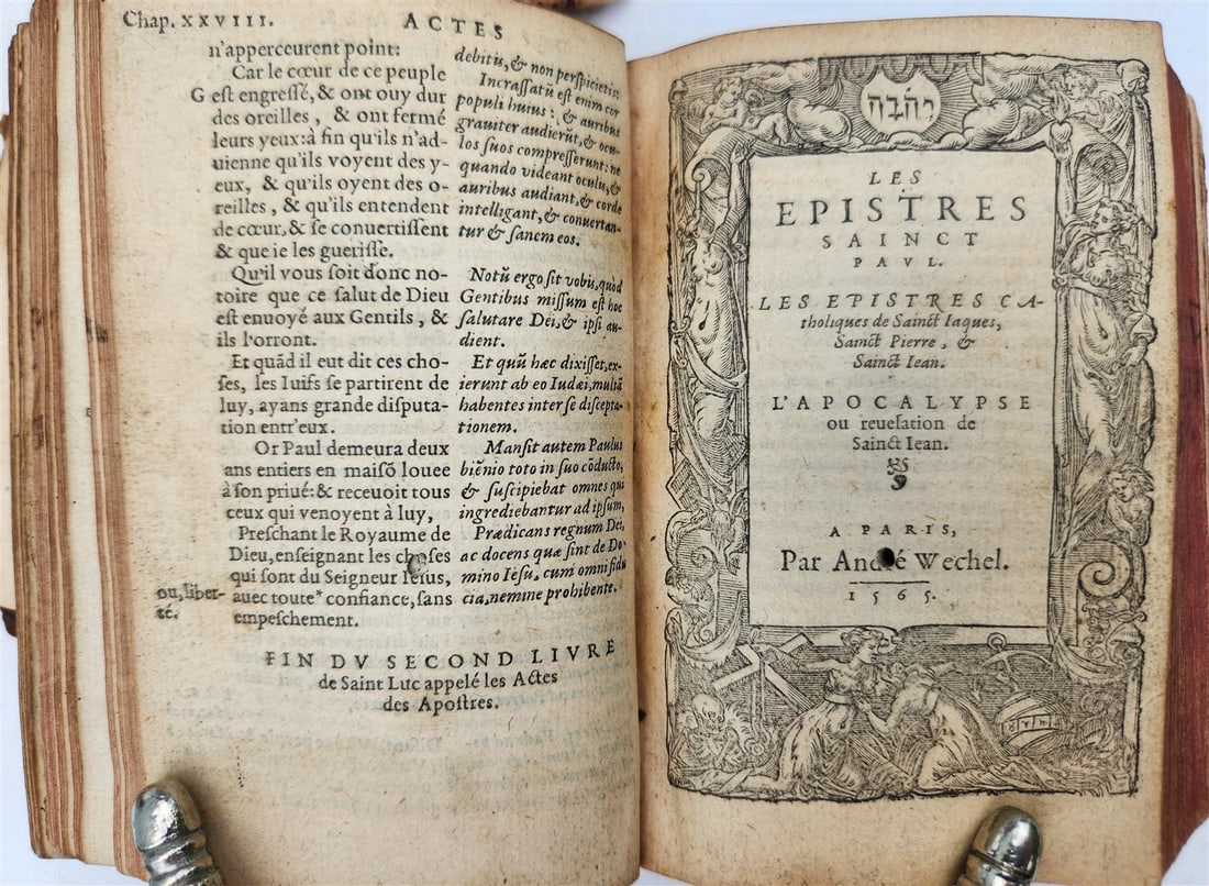 1565 BIBLE in FRENCH antique RARE pocket size SANCTUM IESU CHRISTI EVANGELIUM: SANCTUM IESU CHRISTI EVANGELIUM (Holy Gospel of Jesus Christ) Paris: Andre Wechel; 1565 Small size: 3 by 4 3/4 inches Original hand tooled leather over wooden boards binding, spine with raised bands.