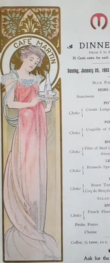 Original Lithography Alphonse MUCHA (1860-1939) Cafe Martin Menu: Title: Original Lithography Alphonse MUCHA (1860-1939) Cafe Martin Menu Description: lithography on paper 23 x 13.5 cm folds Reserve: $700.00 Shipping: Domestic: Flat-rate of $130