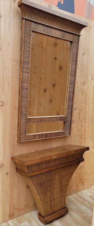Hollywood Regency Bamboo and Rattan Mirror and Wall Mount Console Table by LaBarge: intage Hollywood Regency Bamboo and Rattan Rectangular Beveled Wall Mirror and Matching Wall Mount Console Table by LaBarge - Set of 2 Gorgeous, vintage Hollywood Regency bamboo rattan designed tall,