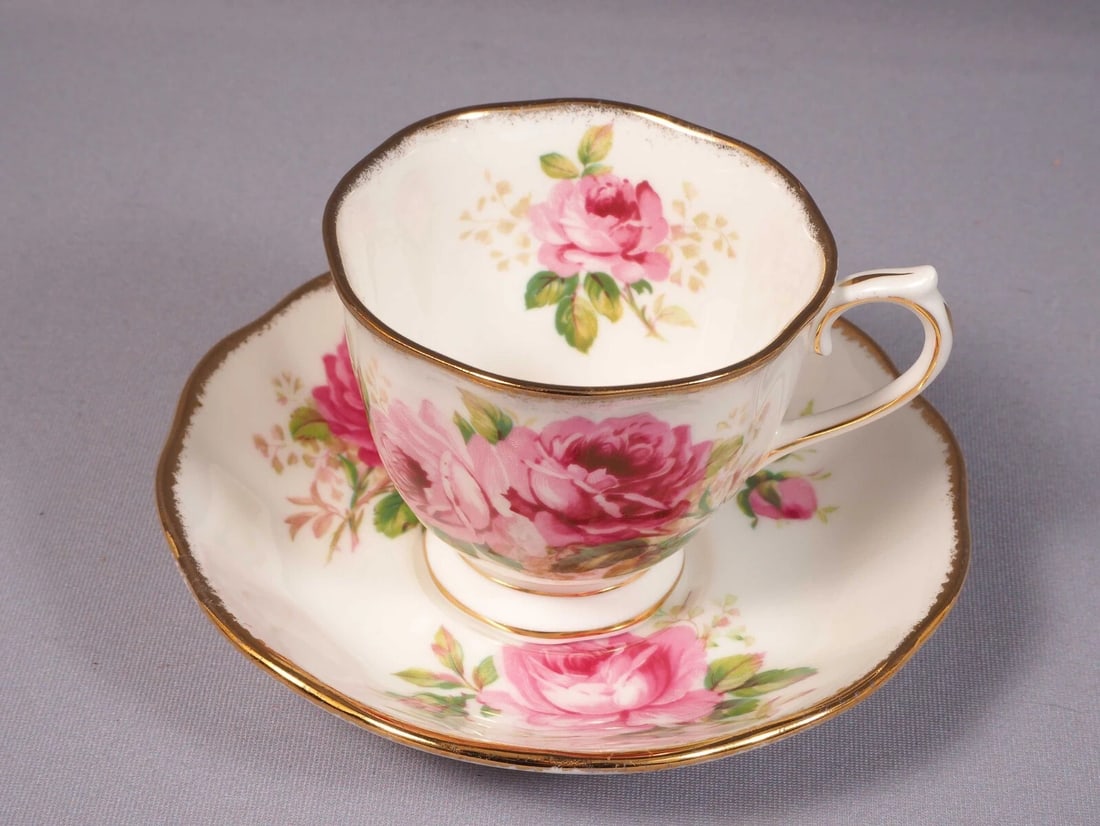 Royal Albert American Beauty Coffee Tea Cup Saucer Set Bone China England: This is one Set of Coffee/Tea cup and Saucer from the famous American Beauty Collection. The set is made by Royal Albert in England. It is properly marked with Royal Albert back stamp. The pattern has
