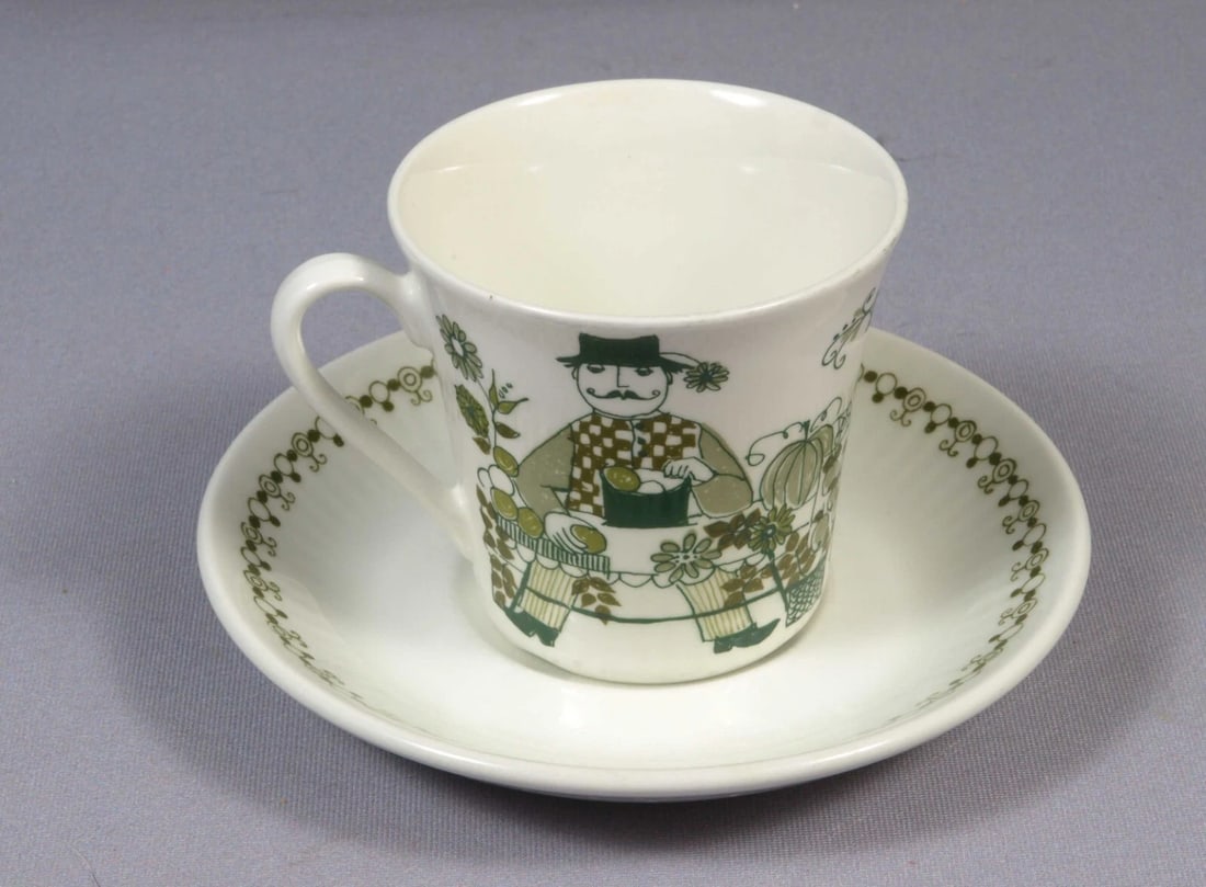 Figgjo Norway MARKET Coffee Tea Cup Saucer Set Vintage: This is a beautiful set of one Coffee/Teacup with Saucer, made in Norway by Figgjo Flint in MARKET pattern . The pattern features green market scenes. The set includes: 1 (one) Coffee/Tea Cup - 3" in
