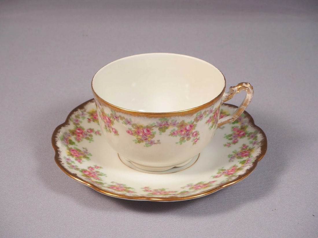 BRIDAL Rose Limoges France Bawo Dotter Elite Coffee Tea Cup Saucer Set LARGE: This is rare and gorgeous set of one Coffee/Teacup with Saucer. The set was made in Limoges, France by Elite Works Bawo and Dotter. There are different combination of elite mark on different pieces. T