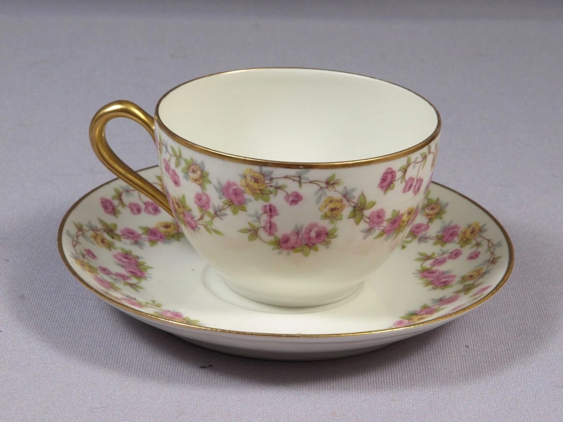 BRIDAL WREATH Rose Limoges France J & B Coffee Tea cup Saucer Set France: This is a gorgeous SET of Tea/Coffee cup and Saucer. It was made in Limoges, France by J&B . The pattern is variation of the Bridal Wreath, sometimes called Bridal Rose. It features pink roses with la