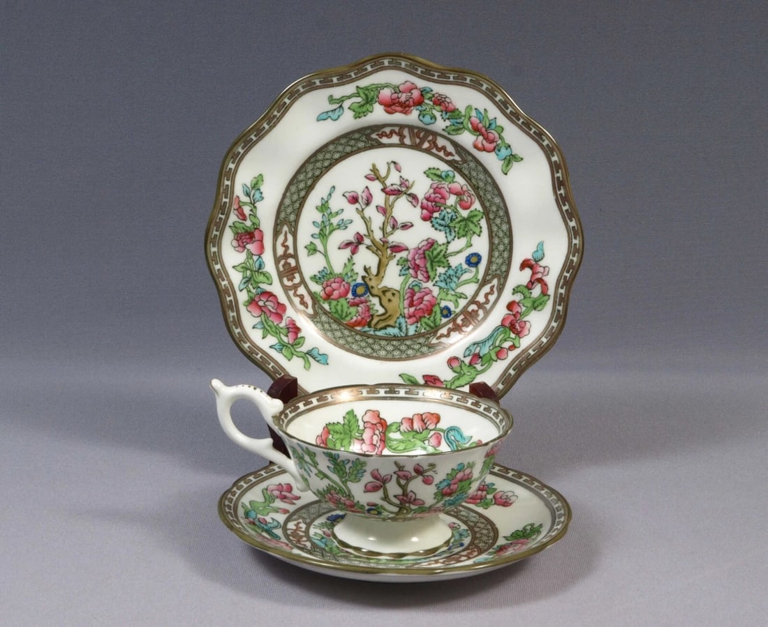 Coalport Indian Tree Scalloped Coffee Tea CUP Saucer Dessert Plate TRIO: This is one set of Tea/Coffee cup, Saucer and Dessert Plate Trio, made by Coalport, England in famous the Indian tree pattern. The pattern includes the crooked, coral-like branches of a leafy, floweri
