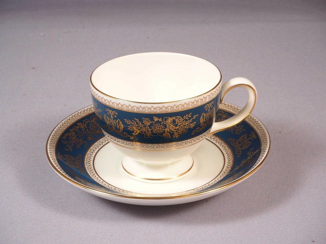 Wedgwood GOLD COLUMBIA Blue Gold Coffee Tea Cup Saucer England Bone China: This is very rare and beautiful set of one Coffee/Teacup with Saucer. The set is made by WEDGWOOD in BLUE and GOLD Columbia pattern. This pattern was in production between 1978 and 1997. It is charact