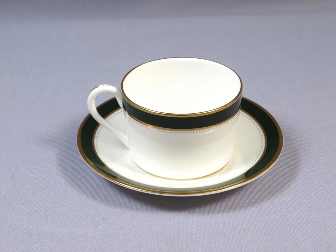 Coalport NORFOLK Green Flat Coffee Tea CUP Saucer England: This is one set of Tea/Coffee cup and Saucer made by Coalport, England. The set is in Norfolk Pattern, the green variation. The pattern includes gold rim, green band and gold dots. It is properly mark
