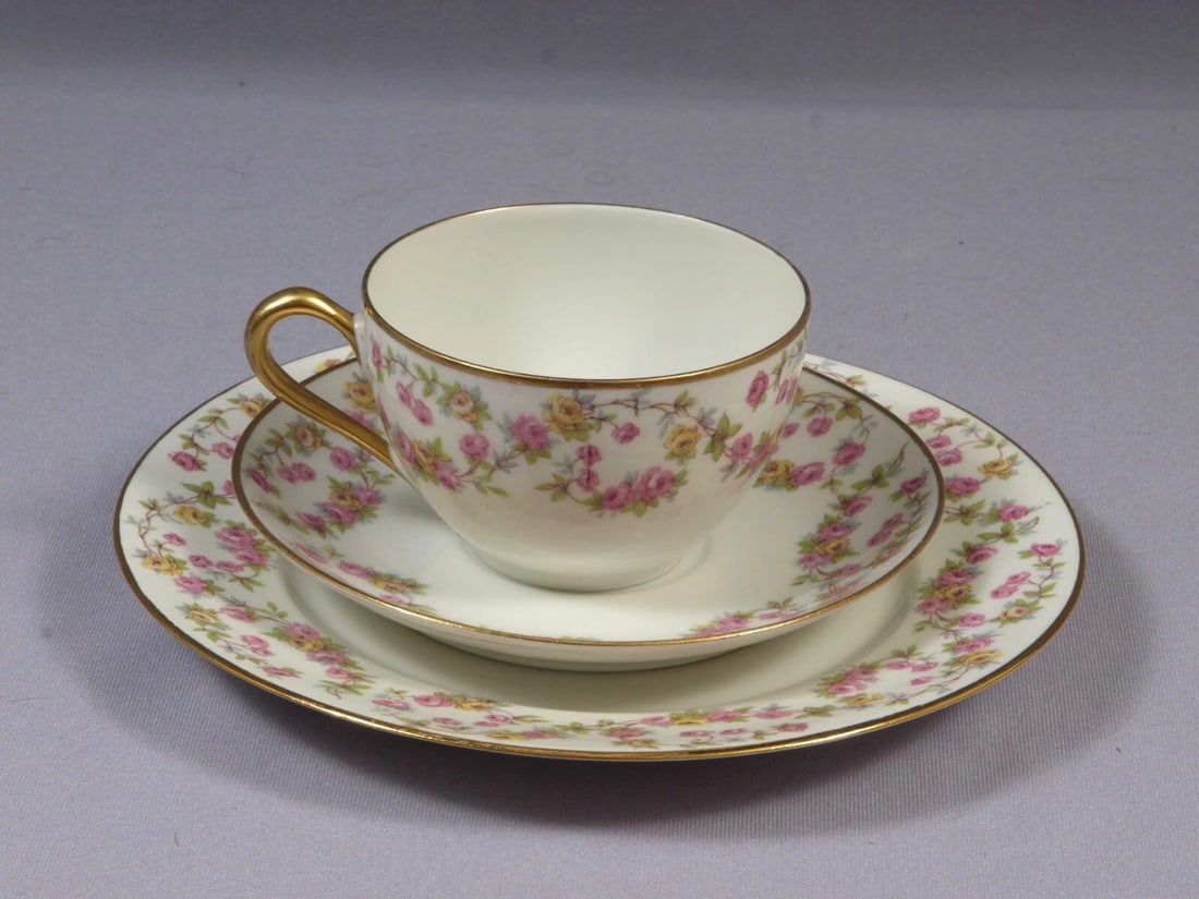 BRIDAL WREATH Rose Limoges France J & B Coffee Tea cup Larger Plate Trio France: This is a gorgeous TRIO SET of Tea/Coffee cup, Saucer and a Dessert Plate. It was made in Limoges, France by J&B . The pattern is variation of the Bridal Wreath, sometimes called Bridal Rose. It featu