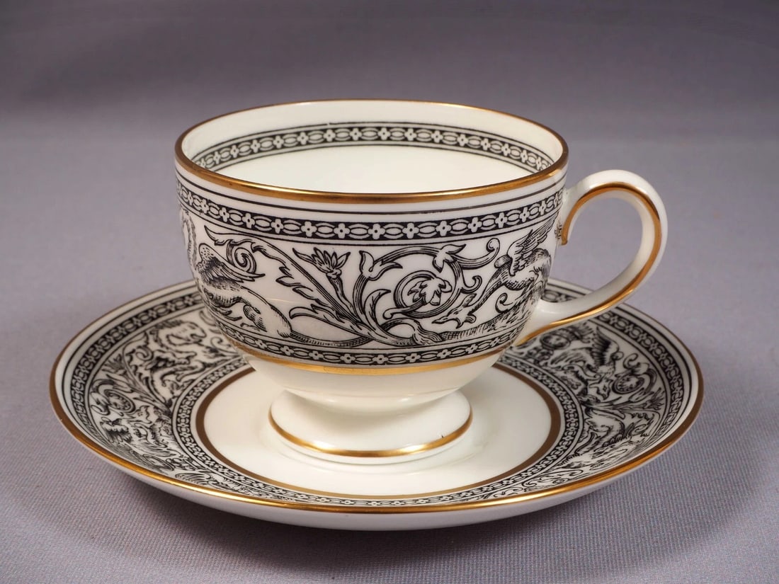 Wedgwood FLORENTINE BLACK Coffee Tea Cup Saucer Set W4312 England: This is very rare and beautiful Tea/Coffee Cup and Saucer Set made by WEDGWOOD in Florentine Black pattern. The pieces are hallmarked on the bottom with Wedgwood black and gold stamp. The set includes