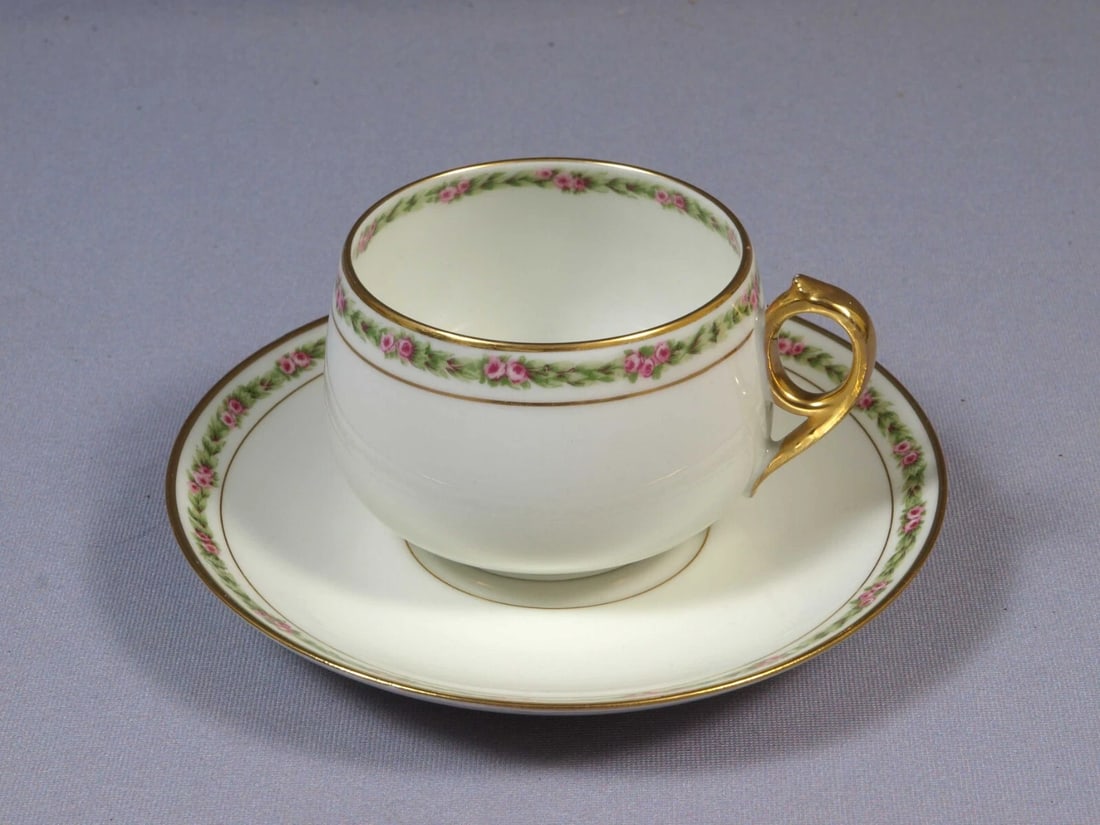 Limoges France CH Field Haviland GDA COFFEE TEA Cup Saucer SET Rose Garland: This is a gorgeous Set of Coffee/Tea cup with Saucer made in Limoges, France by GDA CH Field Haviland. The pattern features pink roses. The patterns possibly is Rose Garland. It is properly marked. Th