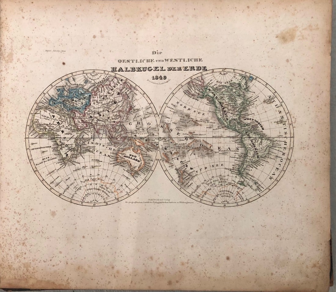 1849 Meyer Map of the World onTwo Hemispheres -- Die Oestliche und Westliche Halbkugel der Erde (1 of 1)