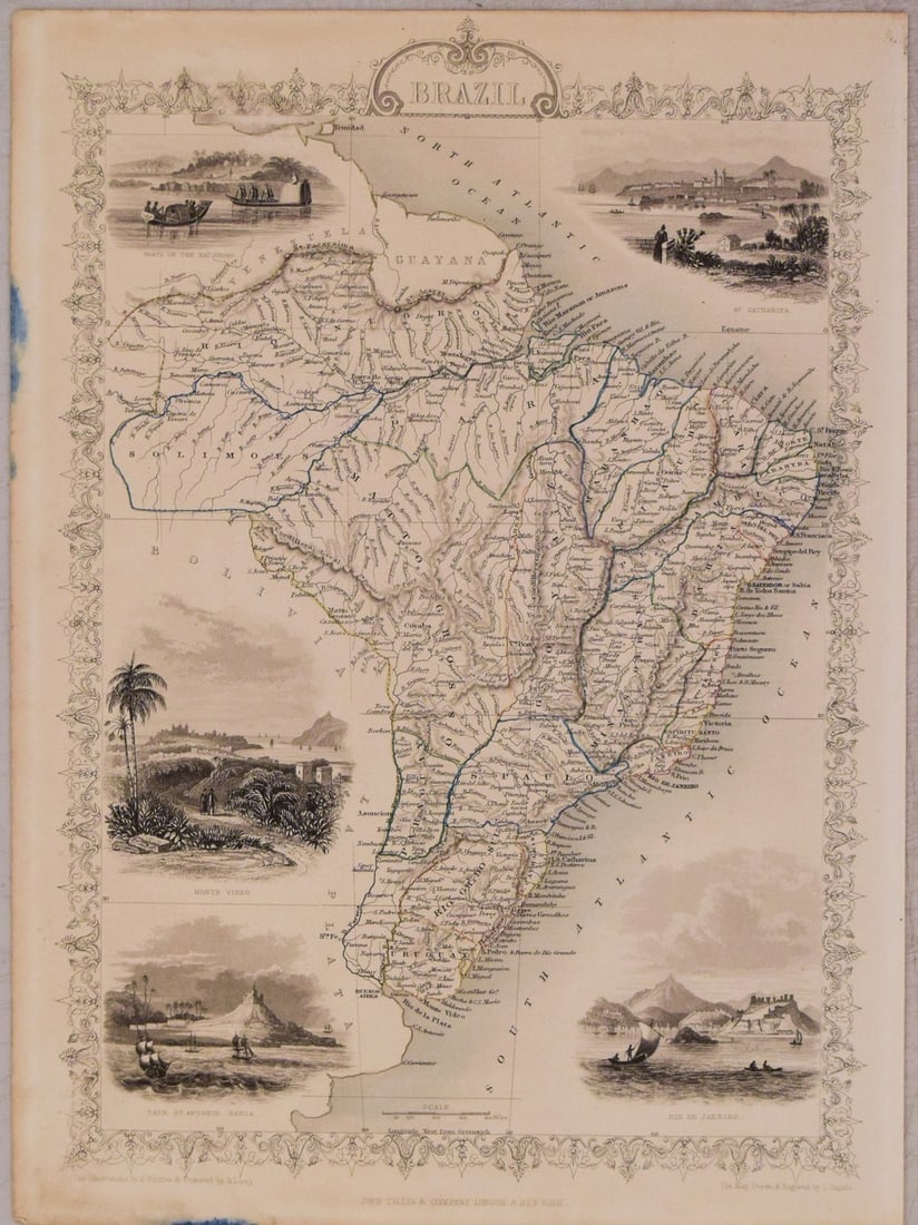 1851 Tallis Map of Brazil -- Brazil: Title: 1851 Tallis Map of Brazil -- Brazil Cartographer: J Tallis Year / Place: 1851, London Map Dimension (in.): 13.6 X 9.6 in. This is rather attractive and decorative map of Brazil including today'