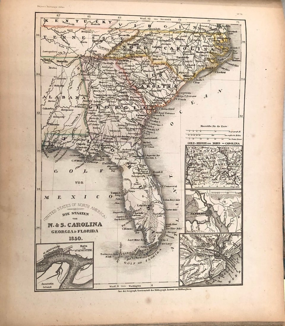 1850 Meyer Map of the Carolinas, Georgia and Florida -- Die Staaten N. und S. Carolina, Georgia,: Title: 1850 Meyer Map of the Carolinas, Georgia and Florida -- Die Staaten N. und S. Carolina, Georgia, Flrida Cartographer: J Meyer Year / Place: 1850, Hildburghausen Map Dimension (in.): 10 X 7.8 in