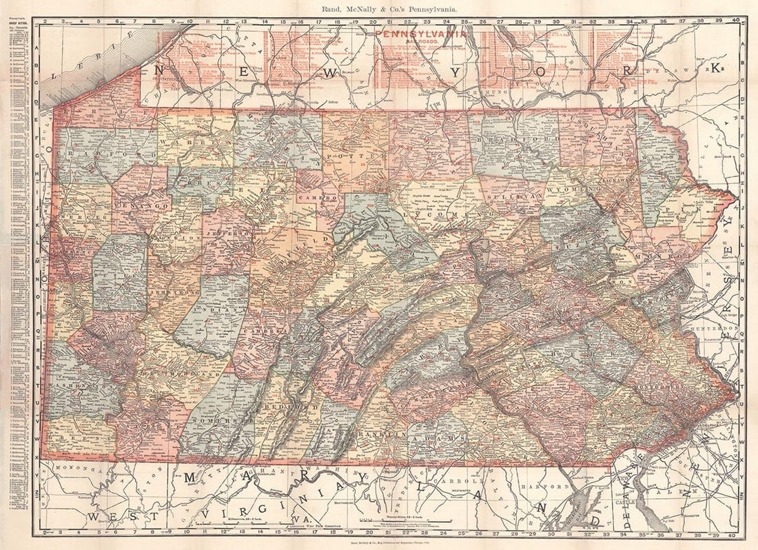 Rand, McNally & Co.'S Pennsylvania: Publication Date: 1902 Title: Rand, McNally & Co.'S Pennsylvania Cartographer: RAND, MCNALLY & CO. Publisher: RAND, MCNALLY & CO. Height: 19 Width: 25.5 Scarce pocket map with front cover & index gone
