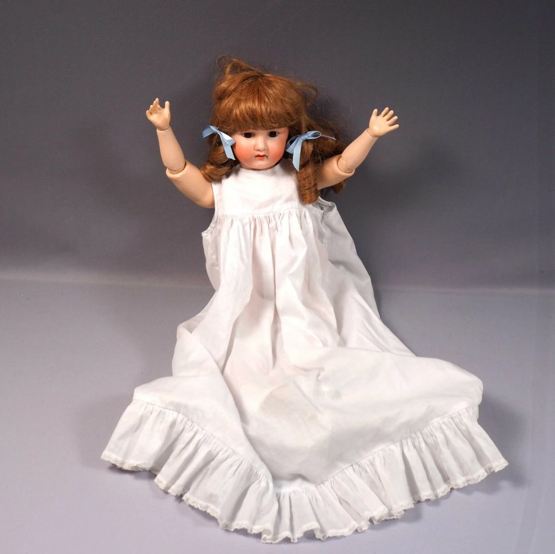 Heubach Koppelsdorf Girl Doll Germany Bisque Head Composition 24" Bride: This is a beautiful 24" Antique Heubach Koppelsdorf Doll. The doll is made in Germany. On her back of the neck is marked, "Heubach - 250. 5 Koppelsdorf " It is a very rare and unusual doll mold She ha