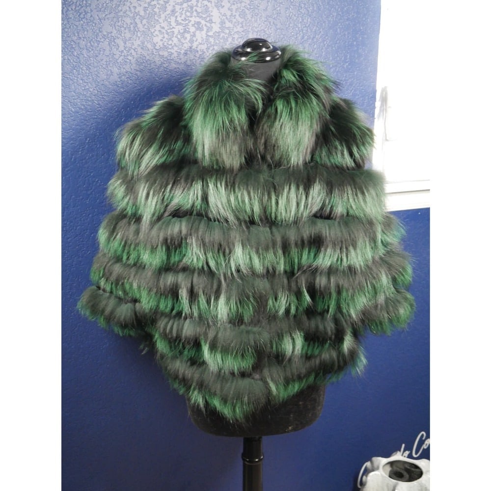 Gorgeous Green Dyed Silver Fox & Black Sheared Mink Fur poncho Cape Coat Jacket (1 of 5)