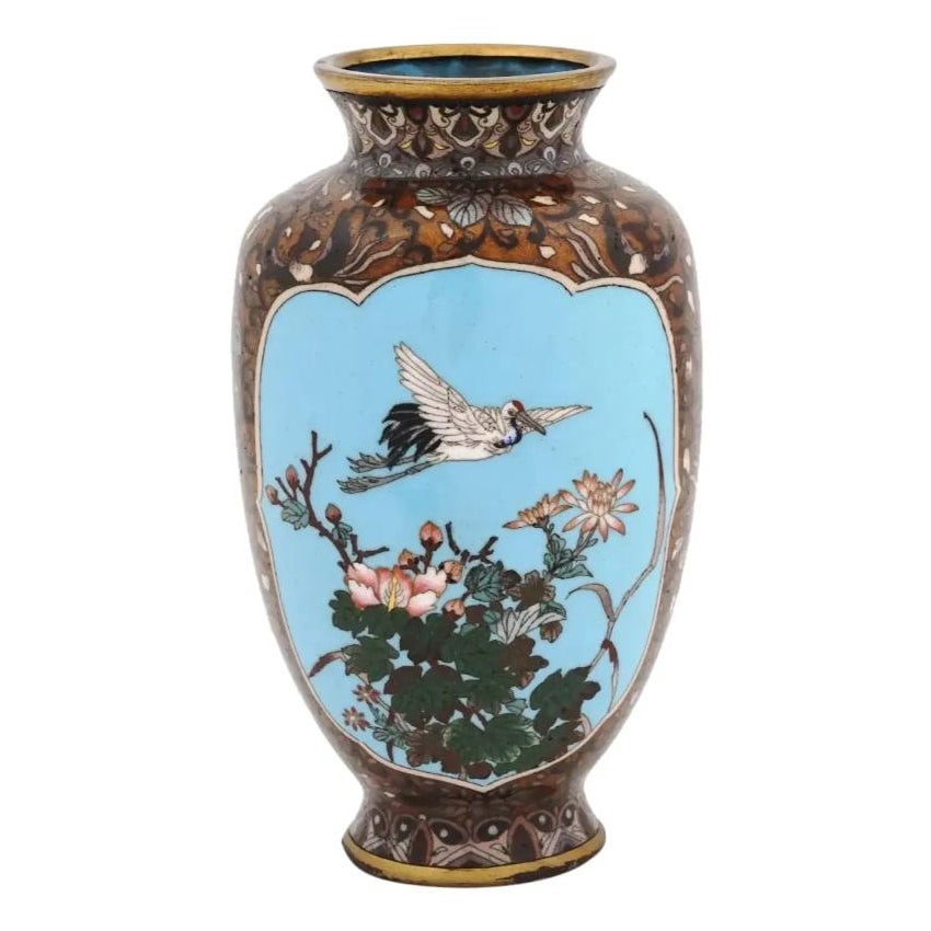 High Quality Antique Meiji Japanese Cloisonne Enamel Vase Double Sided Moon and: About the Item A high quality Japanese amphora shaped enamel over brass vase. The vase is adorned with polychrome enamel medallions depicting a crane bird and blossoming flowers, and an evening landsc