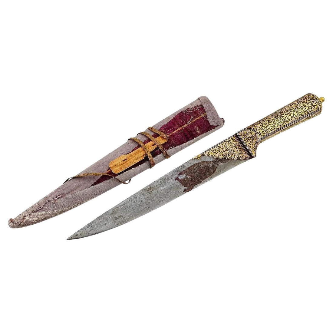 Antique Islamic Persian Damask Steel Kard Knife W Scabbard: About the Item An antique Persian damask steel Kard knife with a scabbard. The blade is made of damask steel, flat, single edged, without fullers, the combat end is double edged. The handle and part o